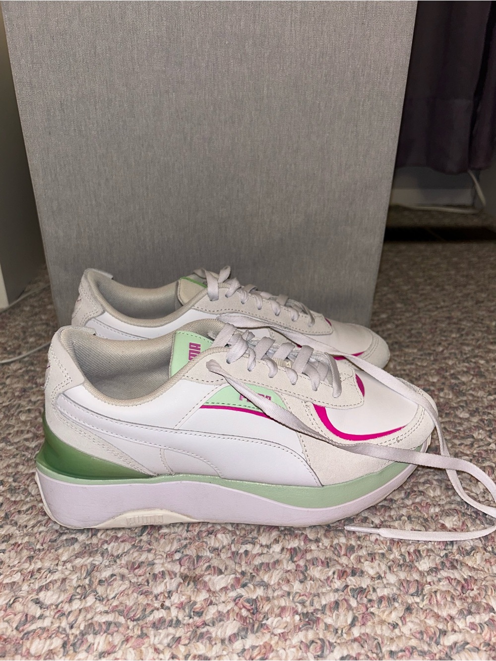 Puma Women's White Sneakers with Pink and Mint Accents